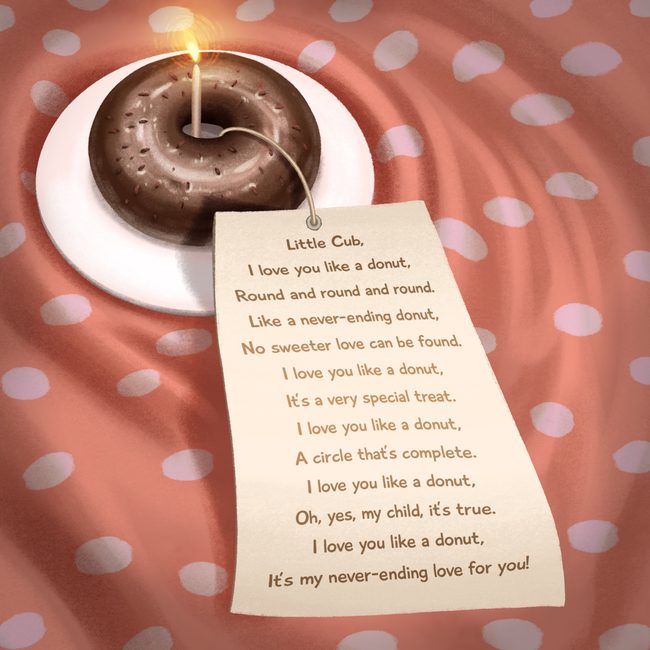 Little Cub poem beside a chocolate donut with a candle